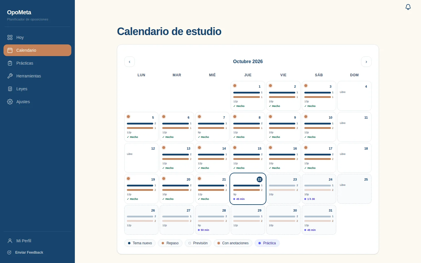 Calendario de octubre con los días hechos, la previsión y las prácticas
