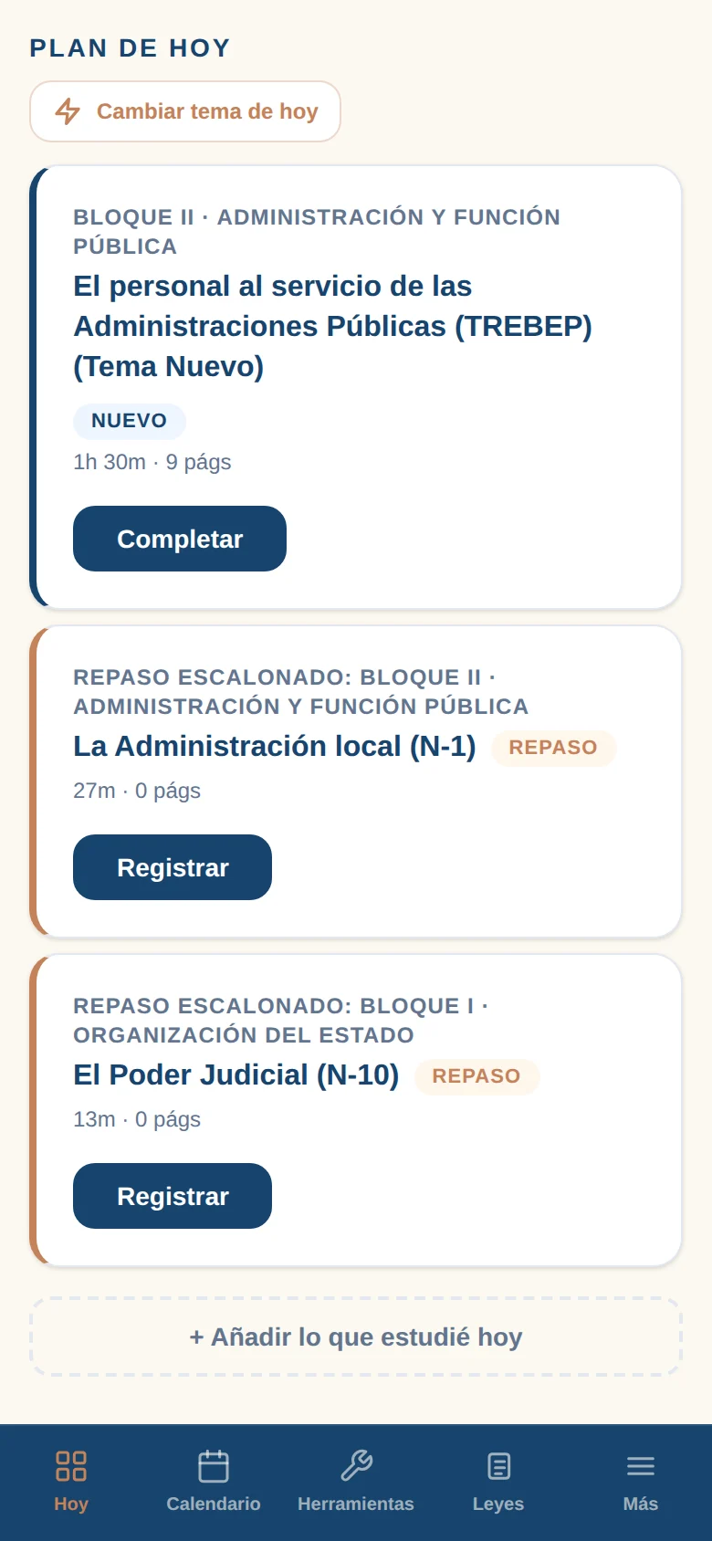 Plan de hoy en el móvil con un tema nuevo y dos repasos