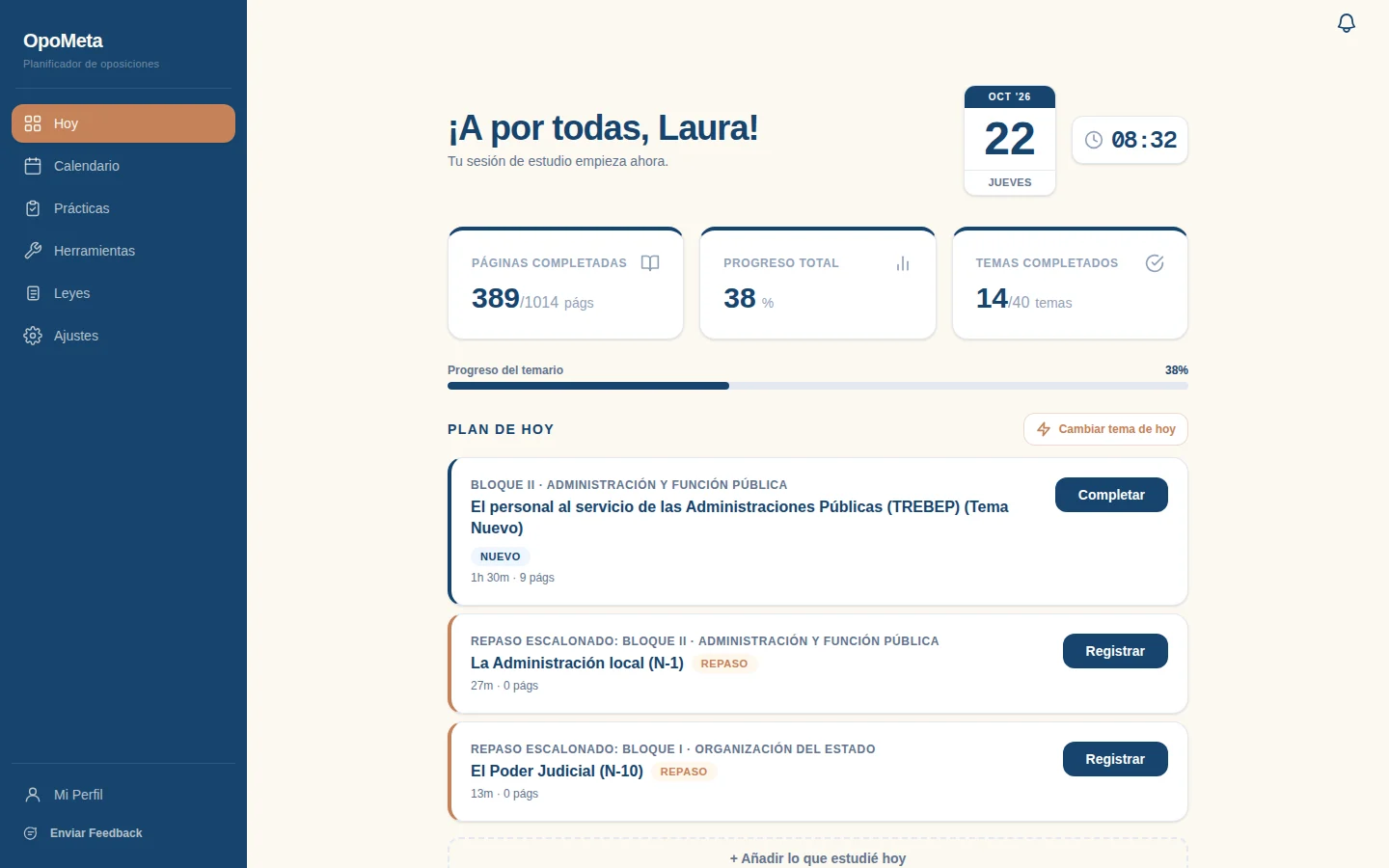 Pantalla Hoy de OpoMeta con el plan del día: un tema nuevo y dos repasos